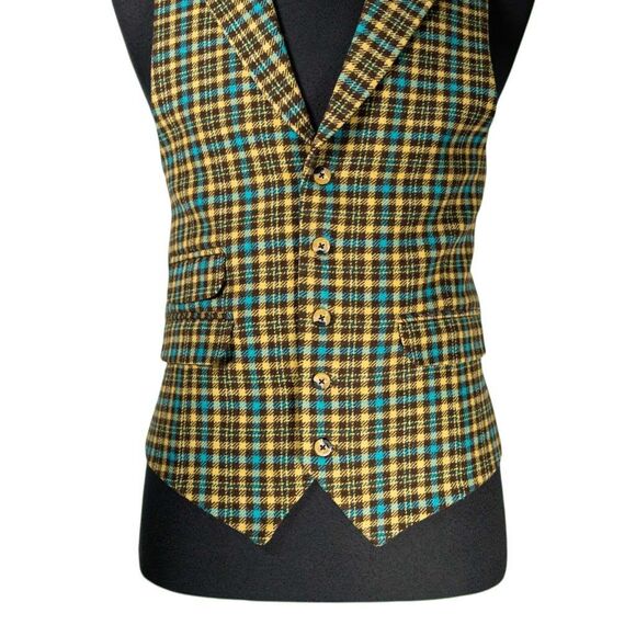 Mens 42R Tartan Plaid Wool Vest Waistcoat Yellow Blue Brown Formal Wedding Party - Picture 5 of 10